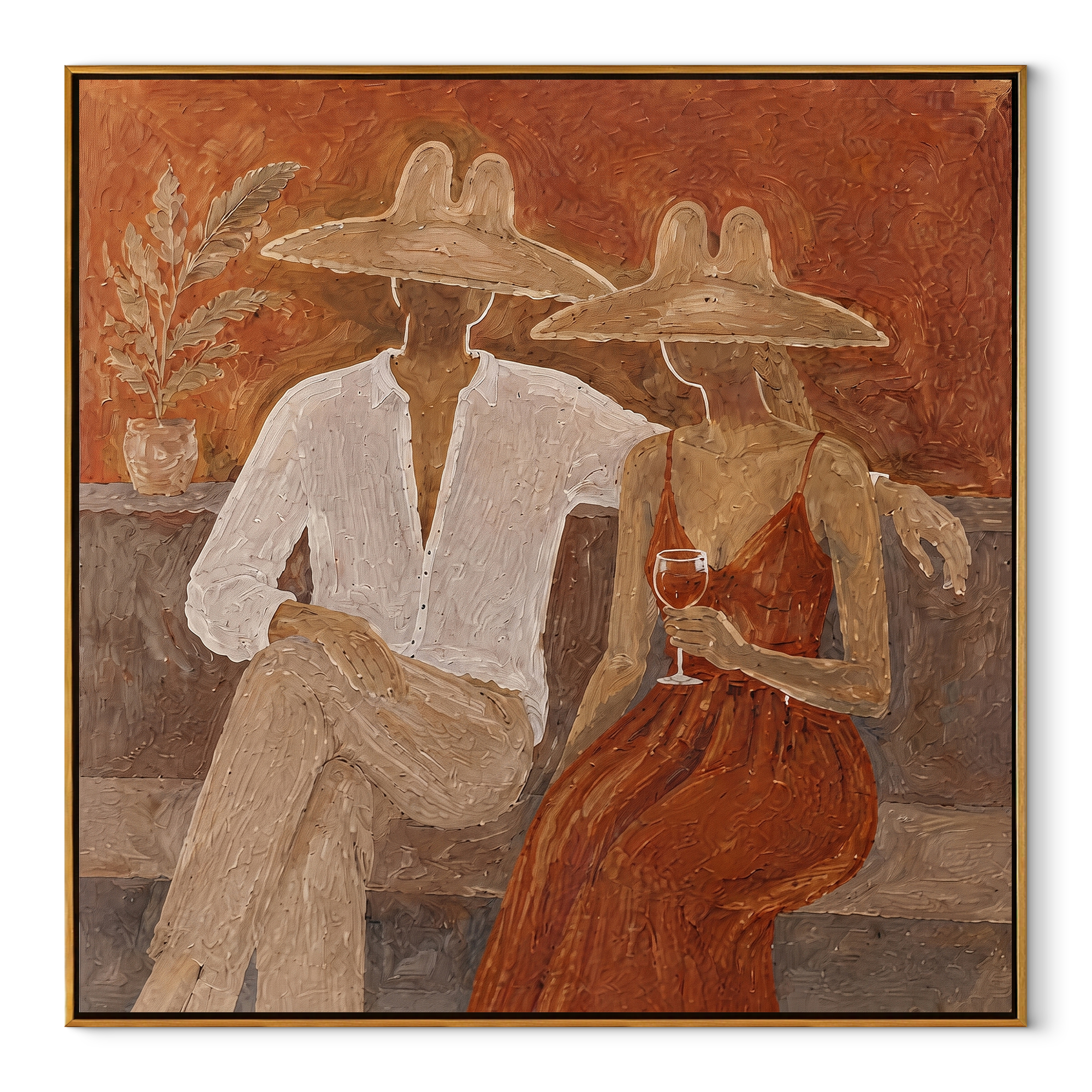 Rust Dress Holds Evening coastal figurative textured painting, square canvas artwork