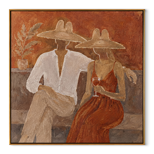 Rust Dress Holds Evening – Wine Resort Couple Painting | Modern Coastal Square Wall Art