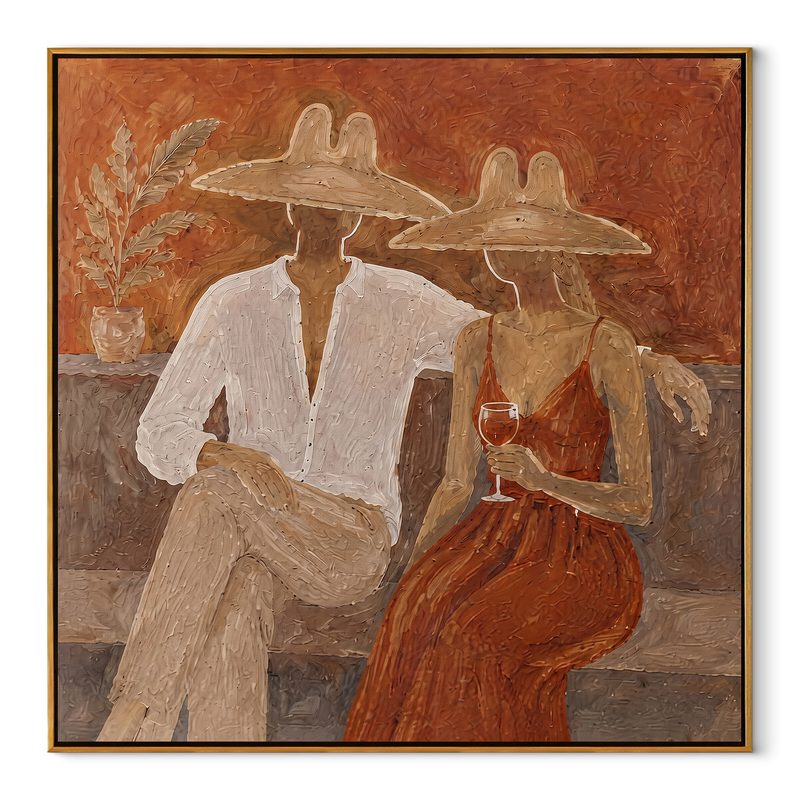 Rust Dress Holds Evening – Wine Resort Couple Painting | Modern Coastal Square Wall Art