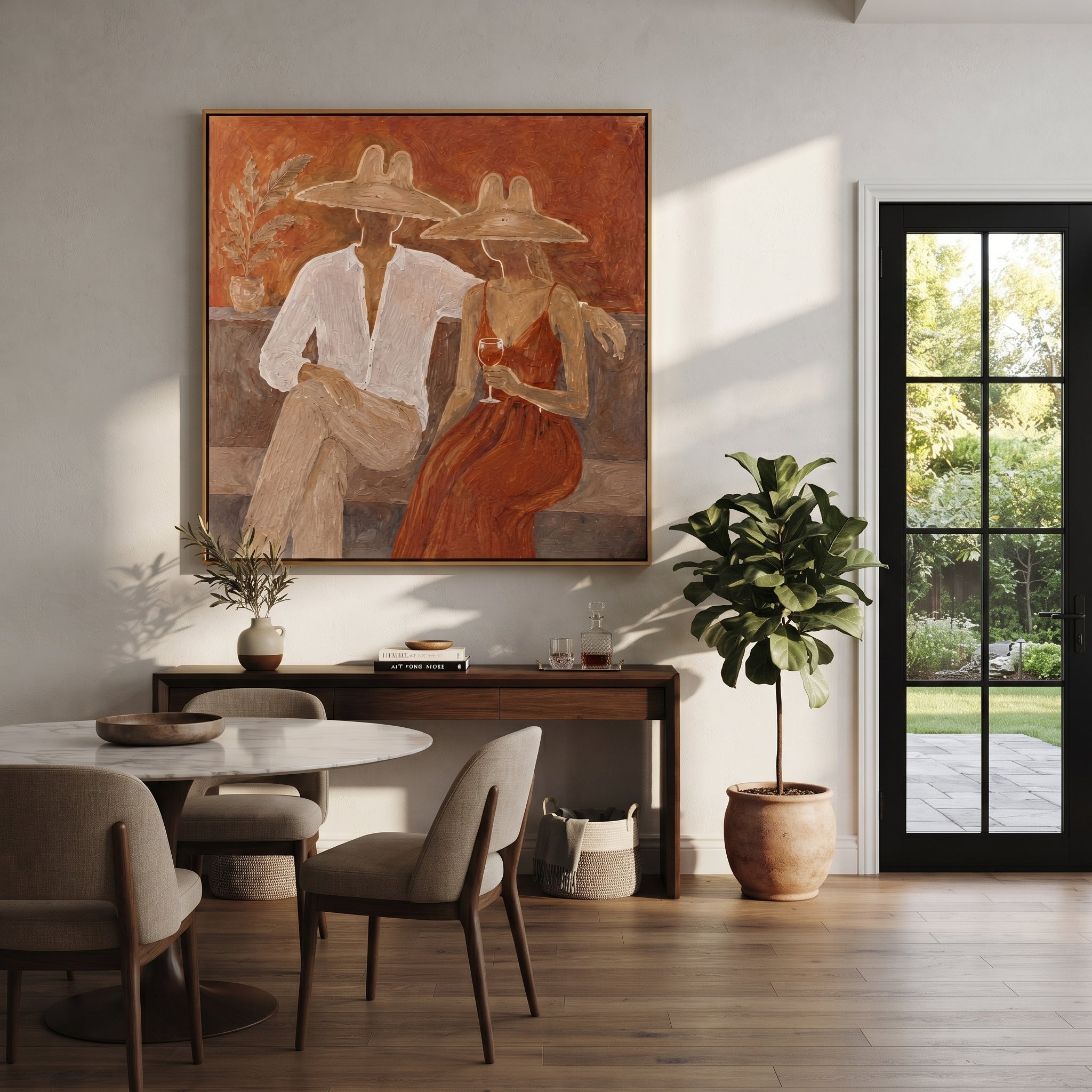 Rust Dress Holds Evening presented above a contemporary console