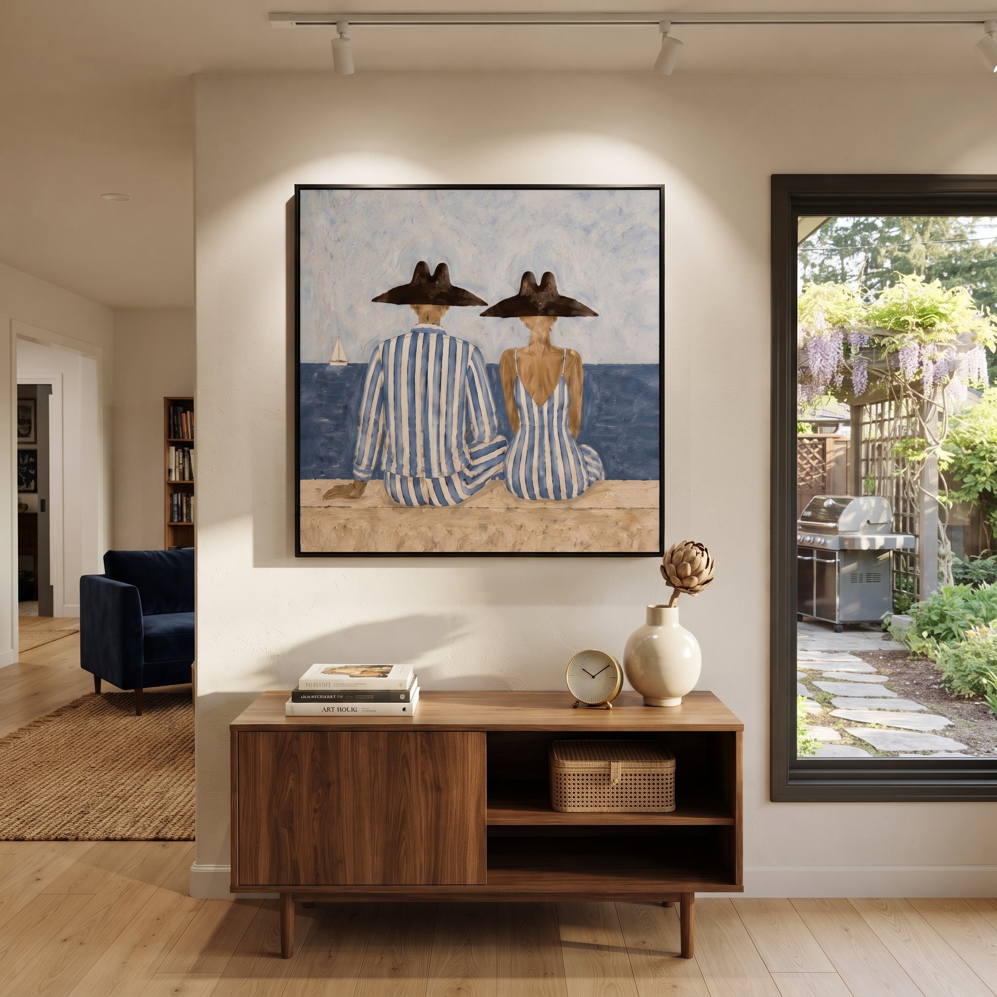 Blue Stripes Watch Tide displayed in a warm contemporary interior