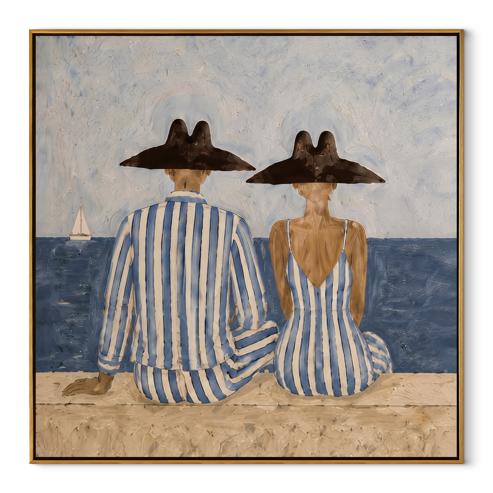 Blue Stripes Watch Tide coastal figurative textured painting, square canvas artwork