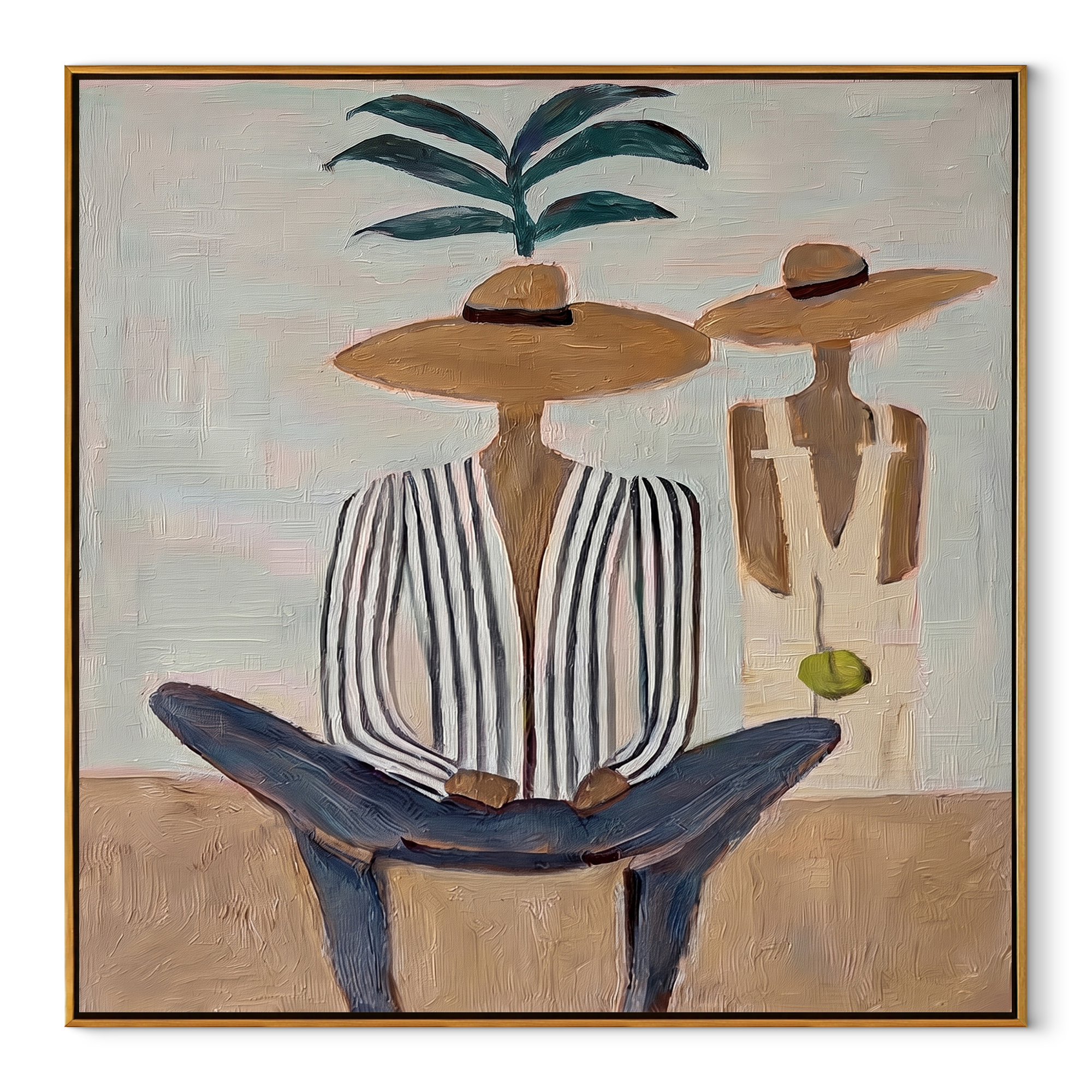 Palm Shade Holds Company coastal figurative textured painting, square canvas artwork