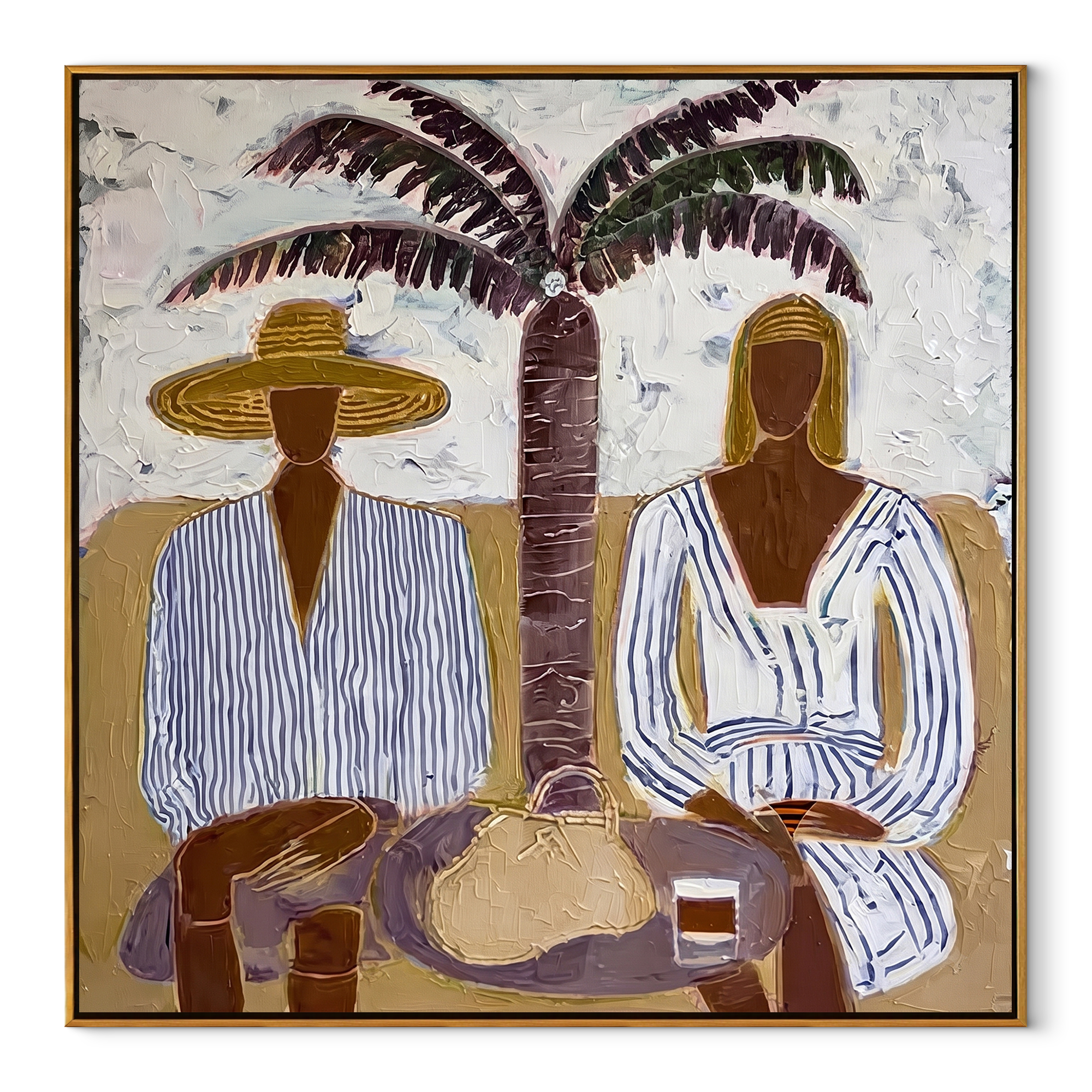 Striped Leisure Beneath Palms coastal figurative textured painting, square canvas artwork
