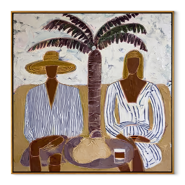 Striped Leisure Beneath Palms – Coastal Couple Painting | Mid-Century Modern Square Wall Art