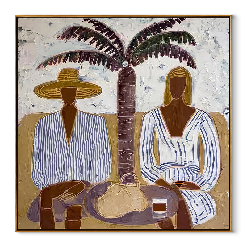 Striped Leisure Beneath Palms – Coastal Couple Painting | Mid-Century Modern Square Wall Art