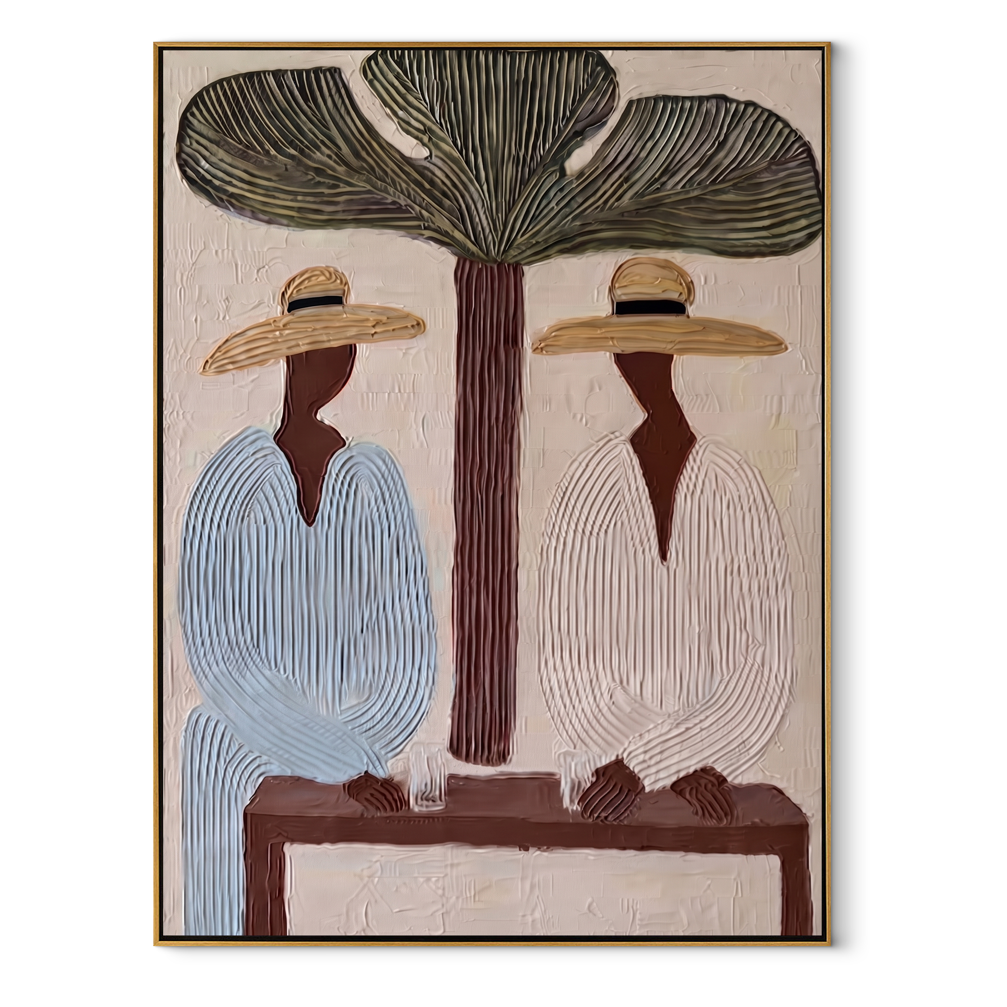 Tree Shade Divides Linen coastal figurative textured painting, vertical canvas artwork