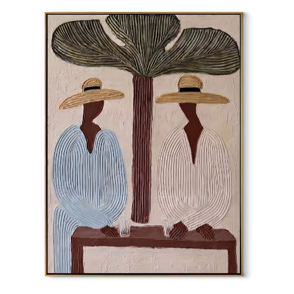 Tree Shade Divides Linen – Tropical Tree Figure Pair Painting | Modern Coastal Vertical Wall Art