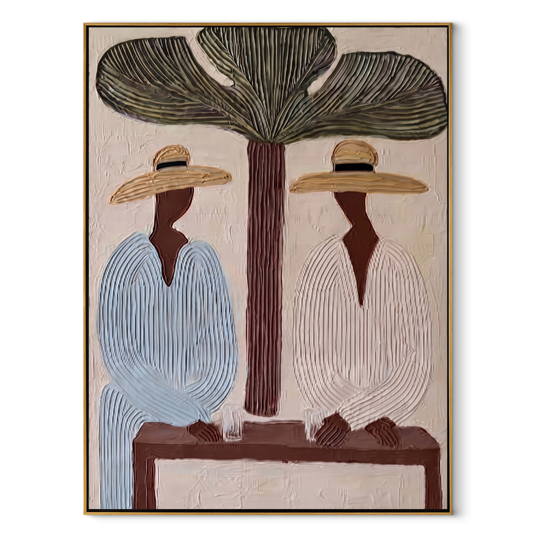 Tree Shade Divides Linen – Tropical Tree Figure Pair Painting | Modern Coastal Vertical Wall Art