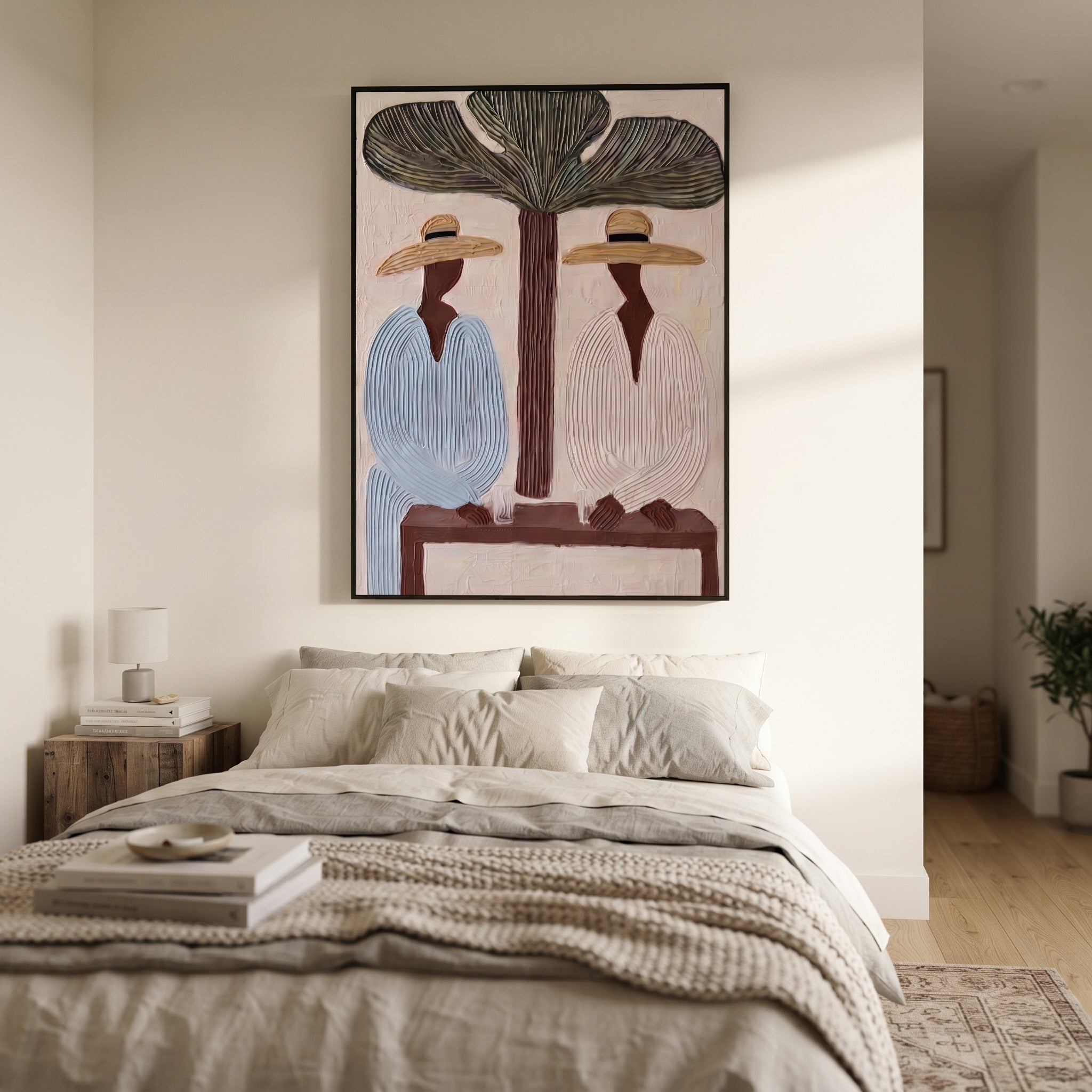 Tree Shade Divides Linen presented above a contemporary console
