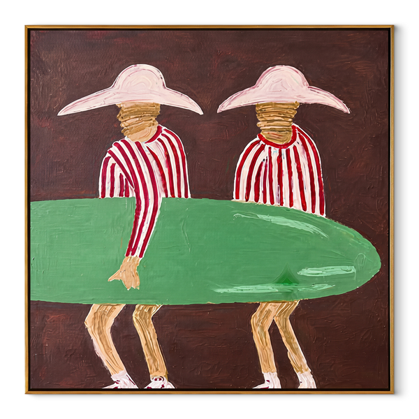 Green Board Crosses Burgundy – Surfboard Figure Pair Painting | Modern Coastal Square Wall Art