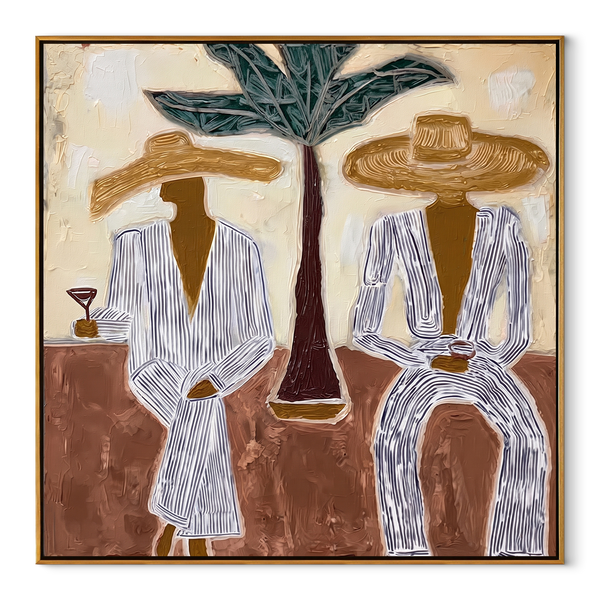 Palm Stands Between Brims – Striped Resort Couple Painting | Modern Coastal Square Wall Art