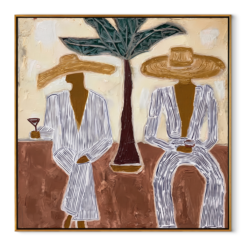 Palm Stands Between Brims – Striped Resort Couple Painting | Modern Coastal Square Wall Art