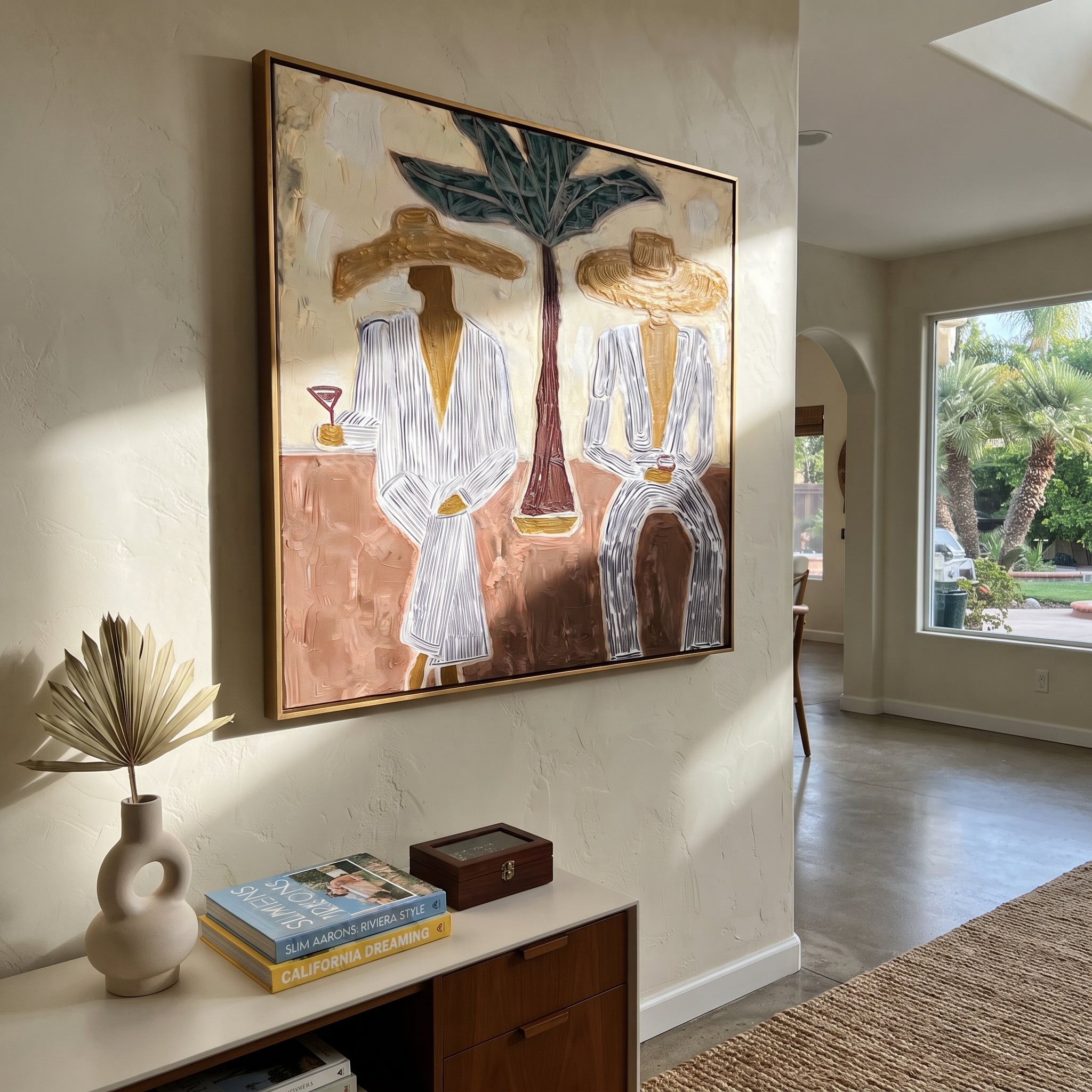 Palm Stands Between Brims styled with neutral modern furnishings