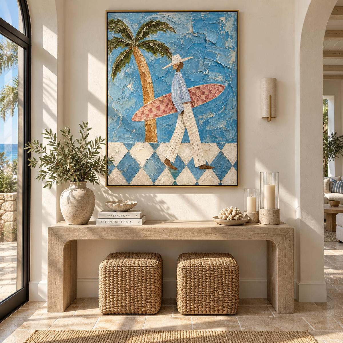 Pink Board Under Palms – square blue coastal artwork displayed in an alternate interior