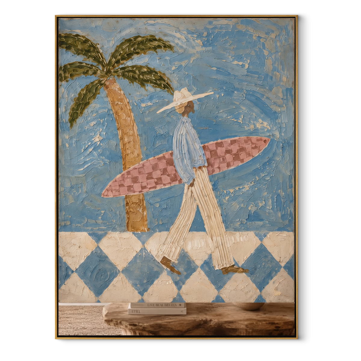 Palm Shade Surf Walk vertical painting in a wood frame on a white background