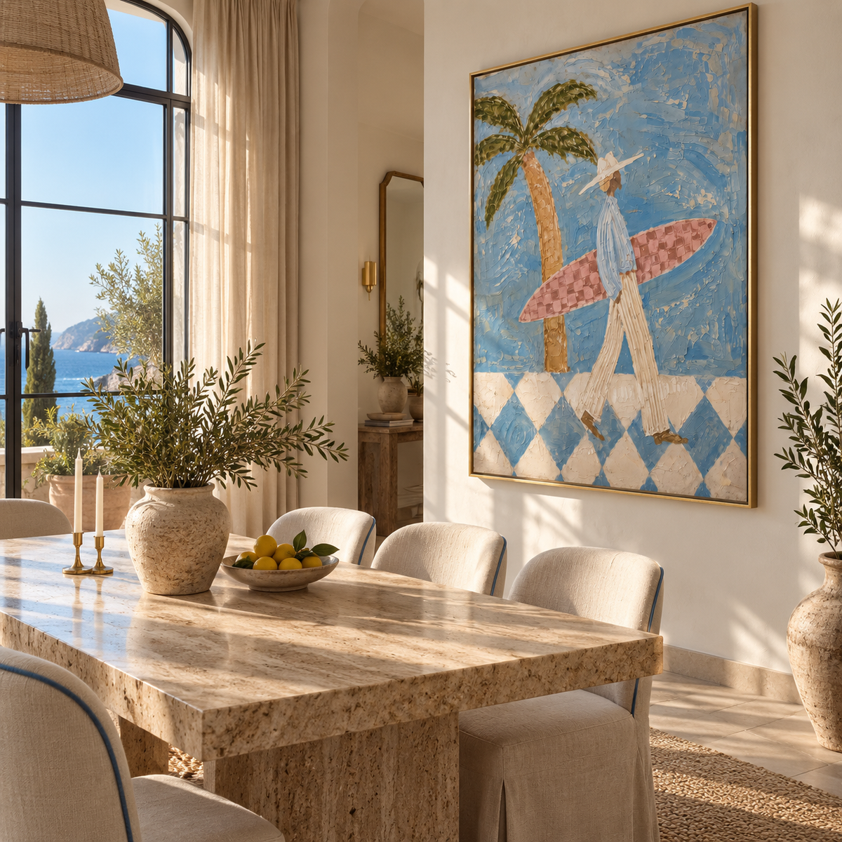 Palm Shade Surf Walk wall art shown above contemporary furnishings