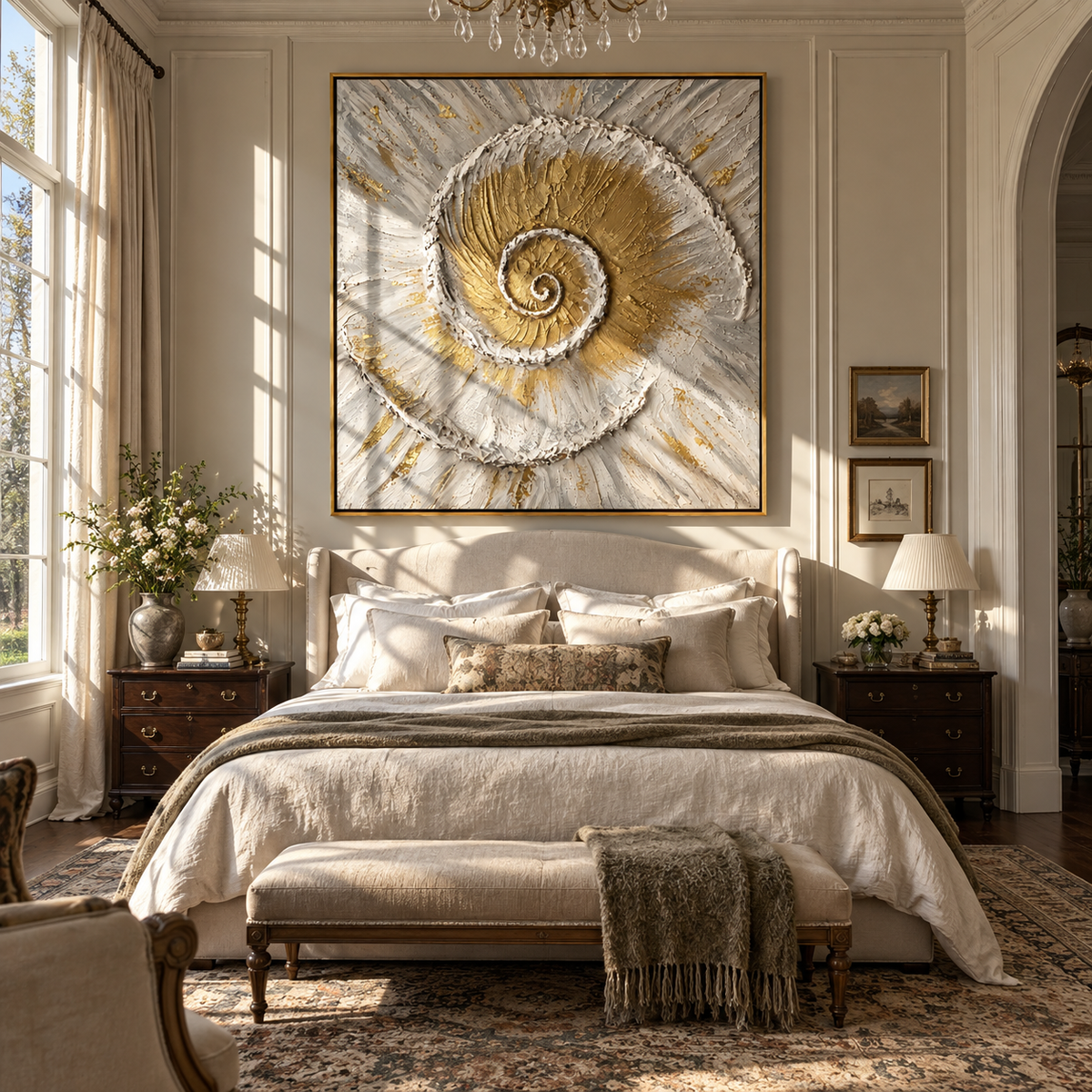 Gilded Spiral of Tides - gold seashell painting displayed in a styled interior