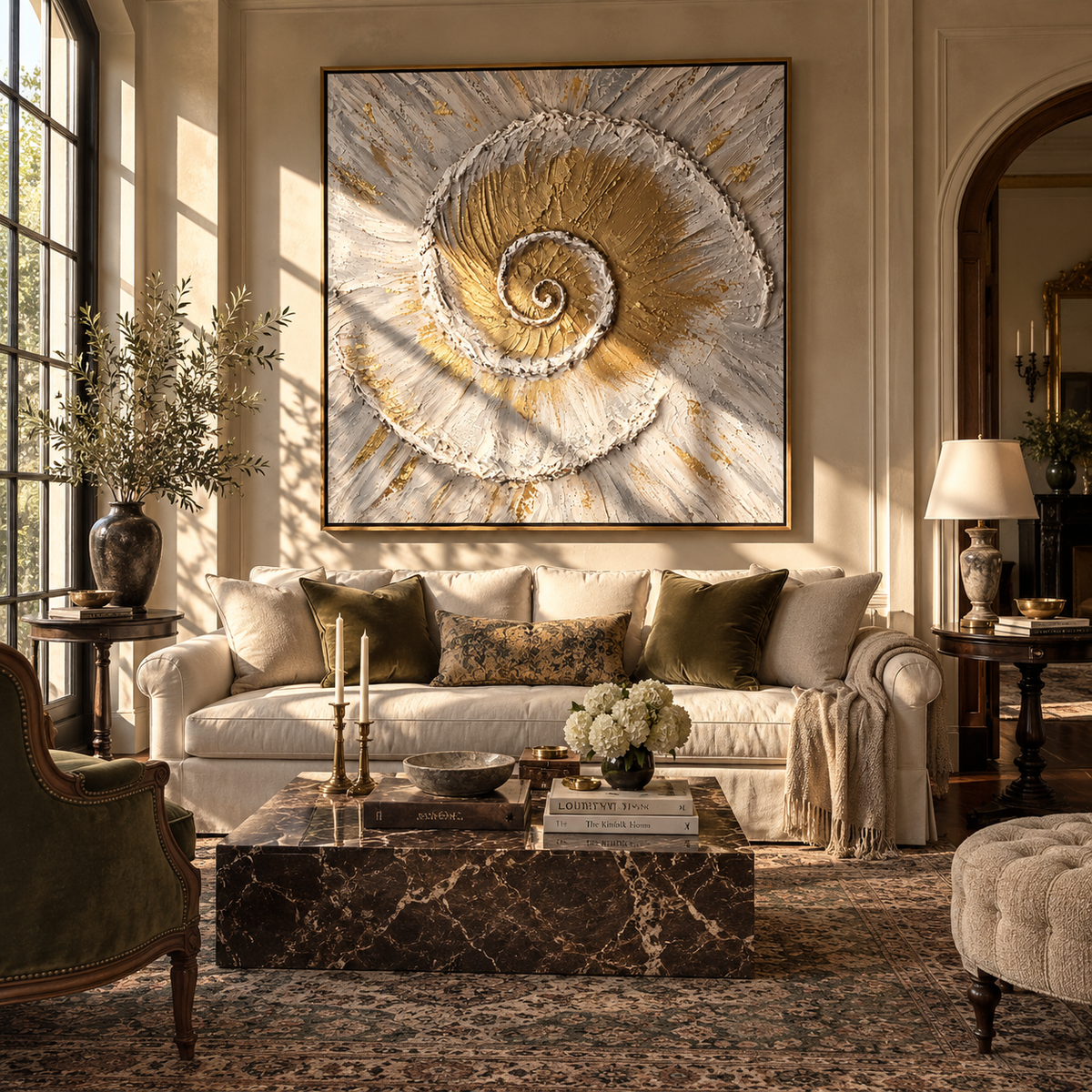 Gilded Spiral of Tides - gold seashell painting shown in modern room setting 4