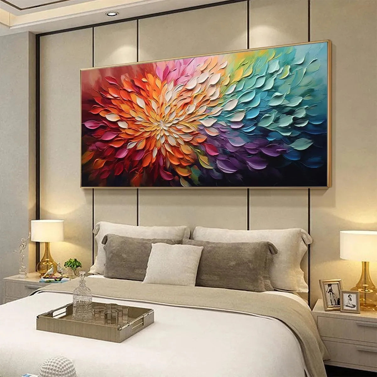 Chrono Bloom – Hand-Painted Multicolored Rainbow Palette Knife 3D Impasto Heavy Texture Oil Abstract Painting | Vibrant Botanical Living Room & Dining Room Art