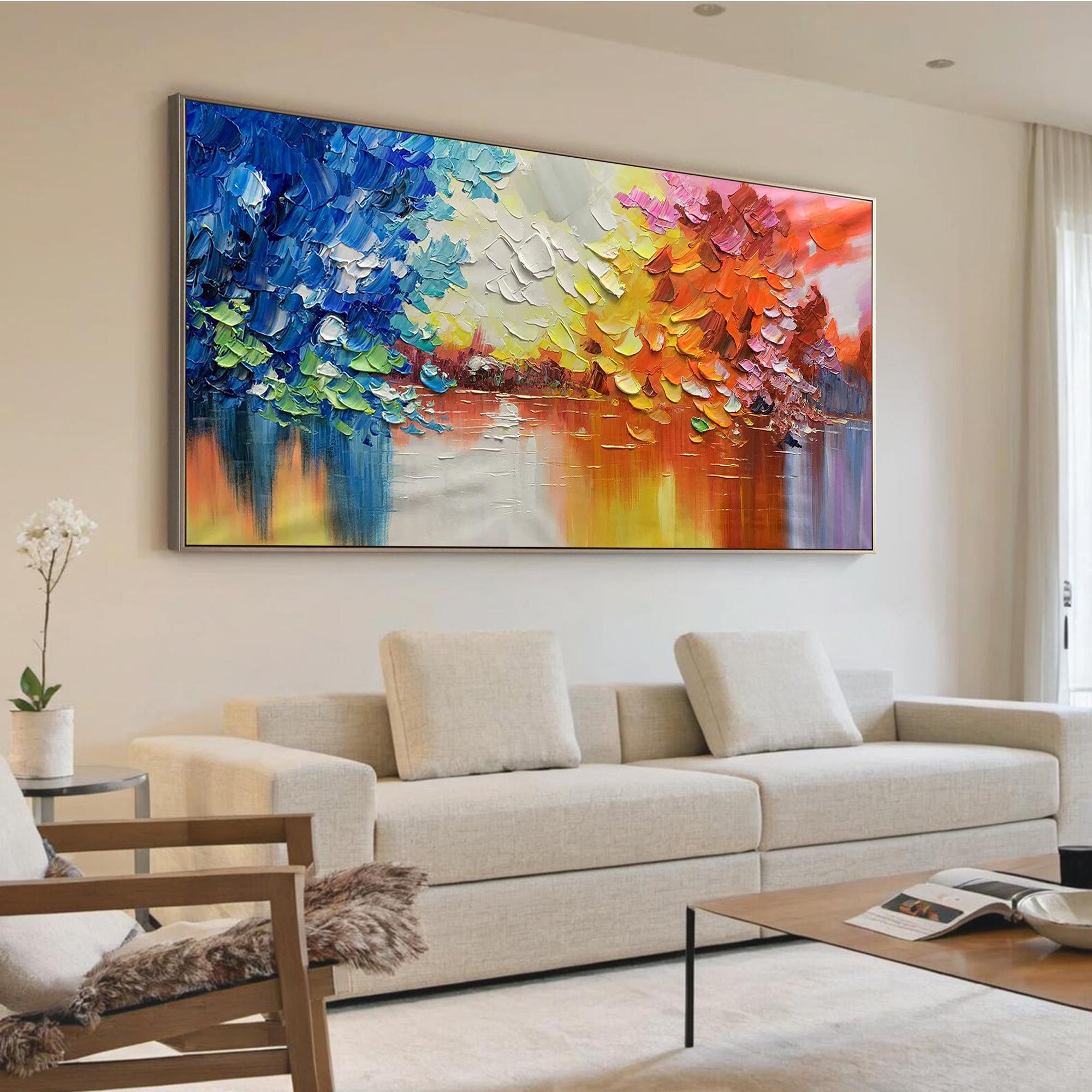 Spectrum Harbor – Hand-Painted Impressionist Multicolored Palette Knife Impasto Oil Abstract Painting | Bold Abstract Palette Knife Living Room Art