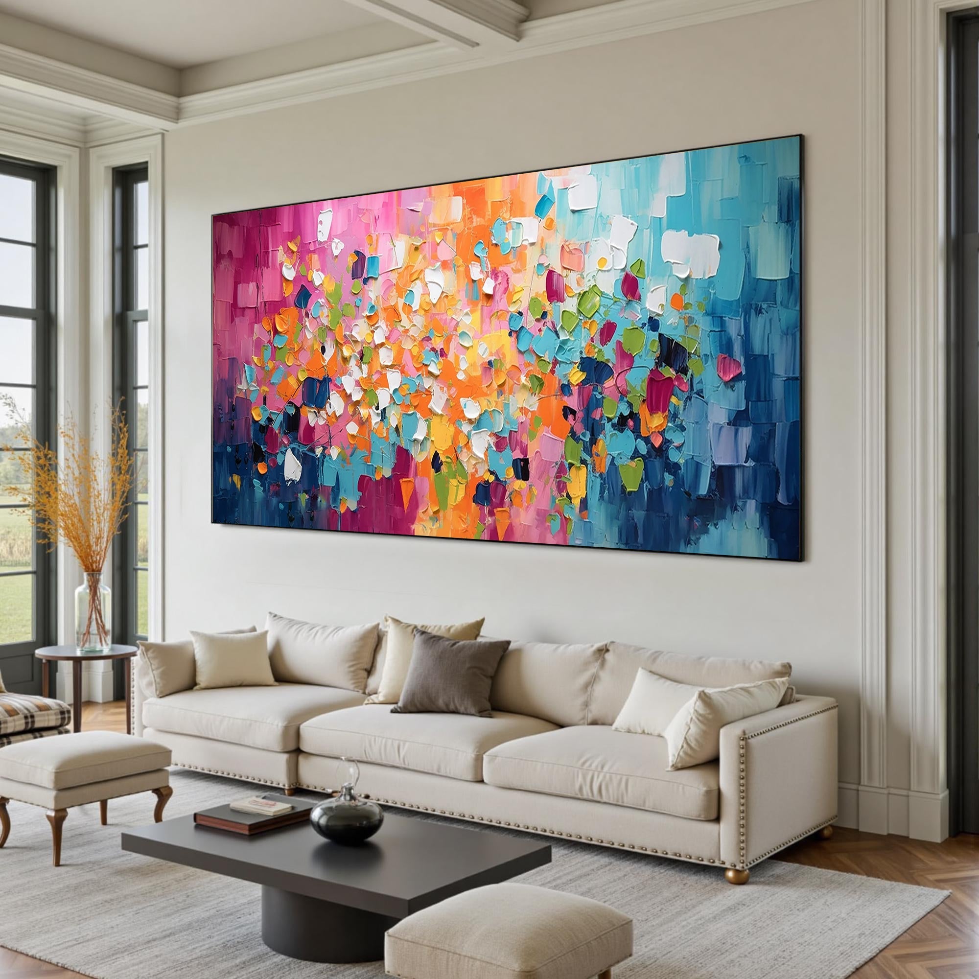 Vibrant Mosaic – Hand-Painted Multicolored Geometric Palette Knife 3D Abstract Painting | Bold Abstract Palette Knife Living Room Art