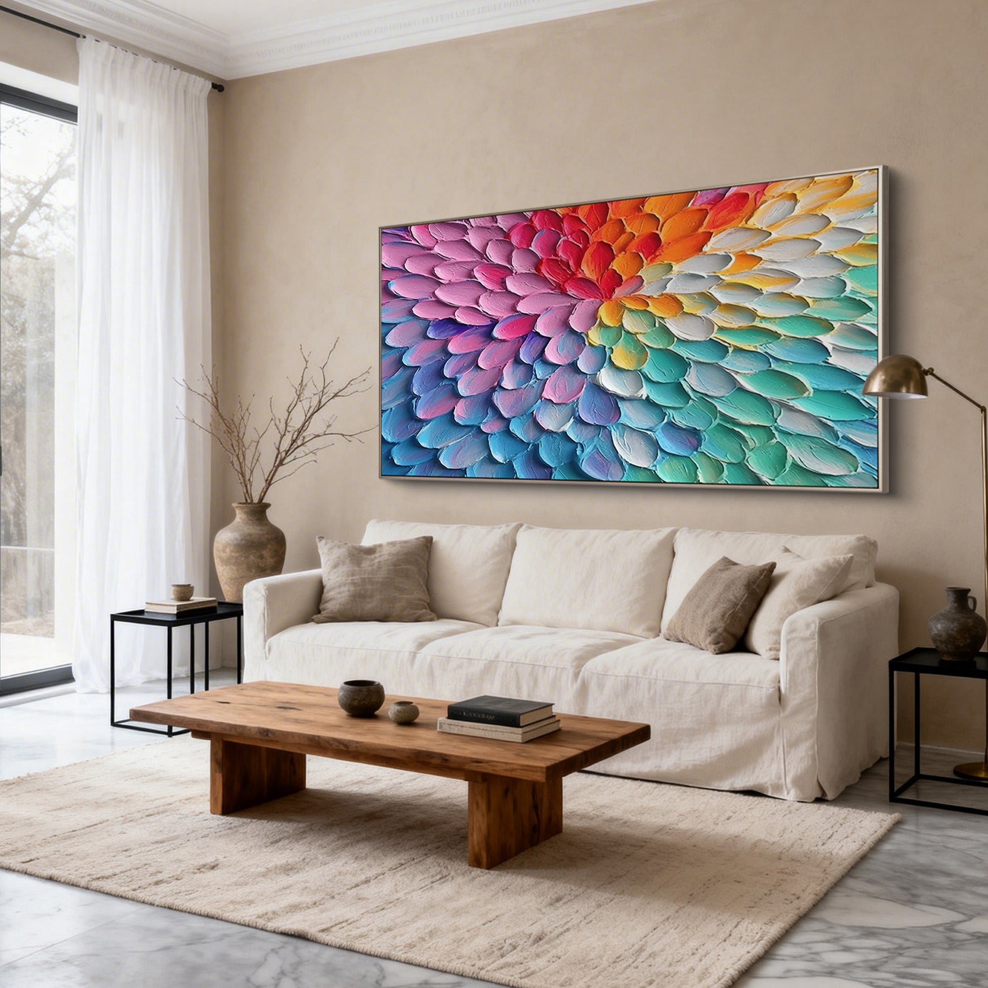 Iridescent Bloom – Modern Impasto Rainbow Gradient Abstract Painting | Healing Colorful Living Room Art
