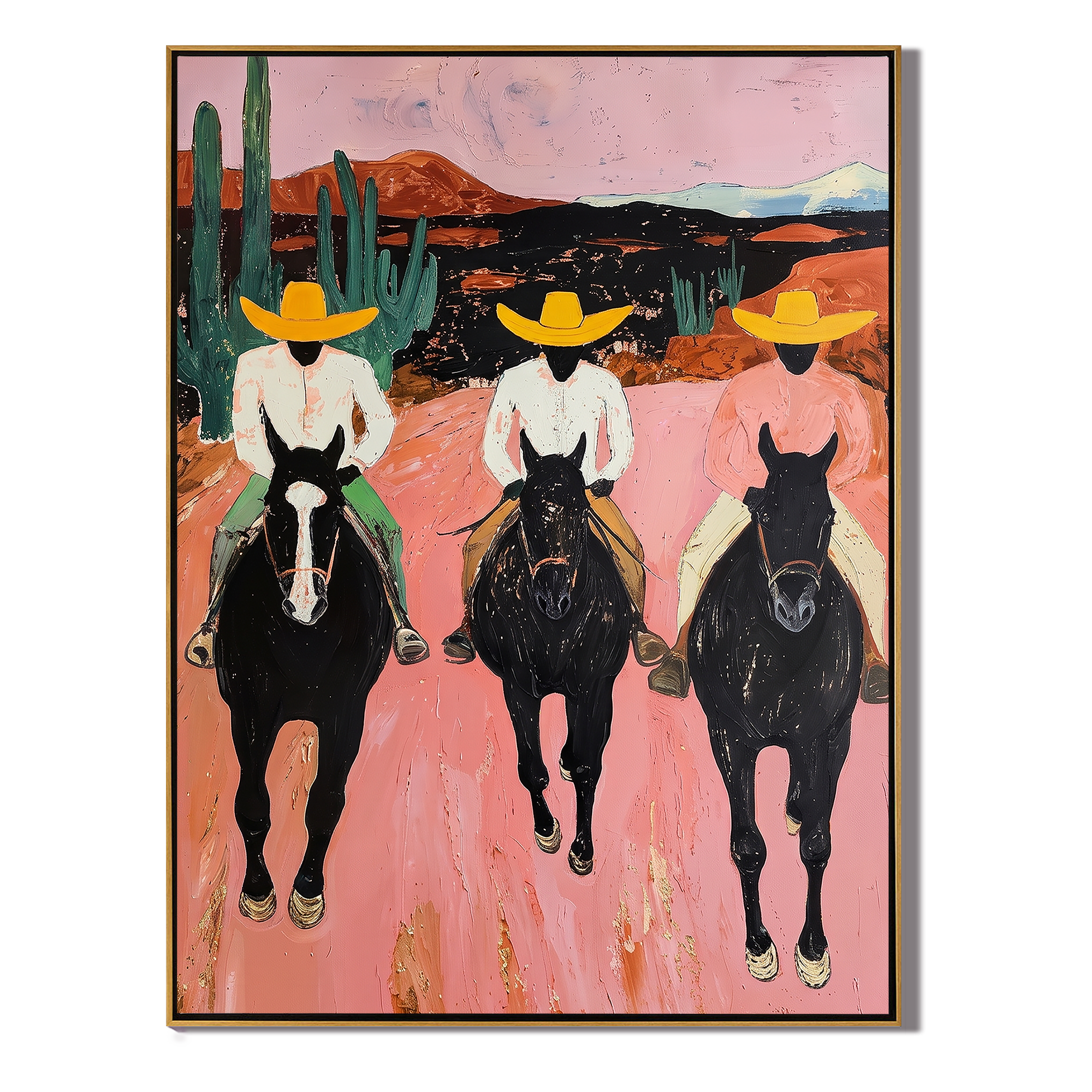 Three Cowgirls Cross Dawn Western figurative painting, vertical canvas artwork