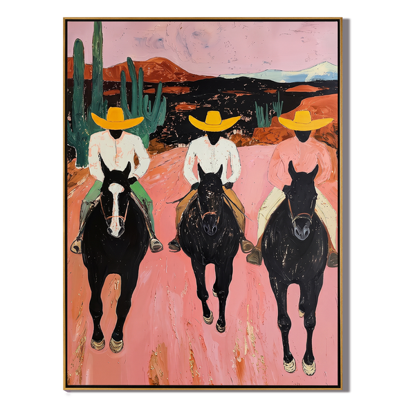 Three Cowgirls Cross Dawn – Pink Desert Cowgirls Painting | Modern Folk Vertical Wall Art