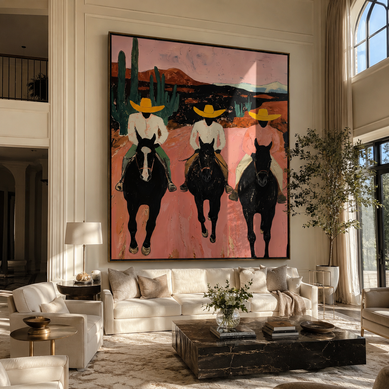 Three Cowgirls Cross Dawn displayed in a collected contemporary interior