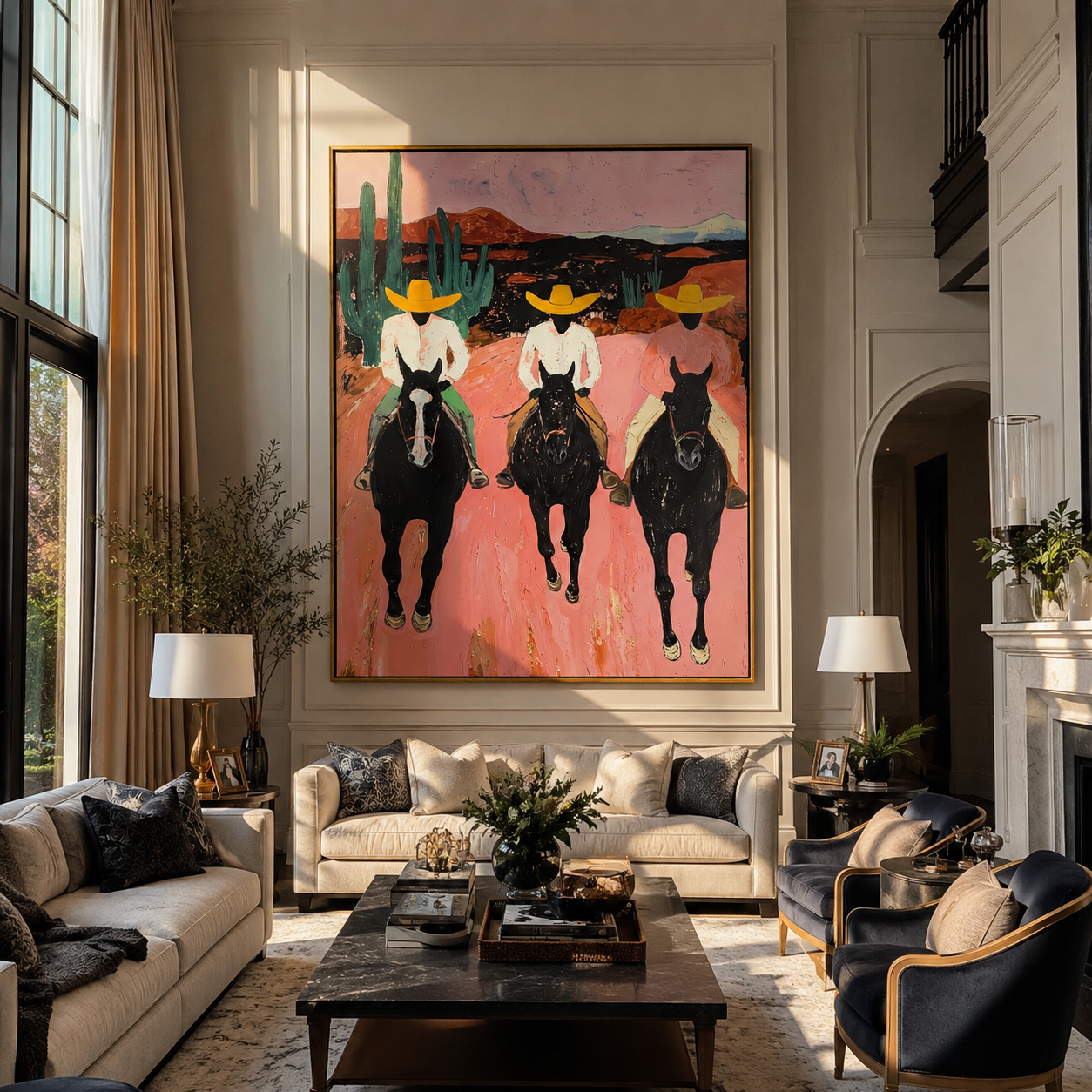 Three Cowgirls Cross Dawn styled with warm modern furnishings