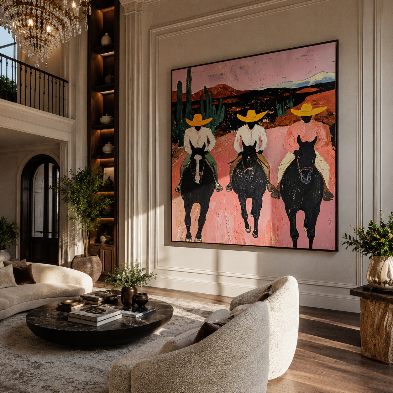 Three Cowgirls Cross Dawn presented as a colorful interior focal point