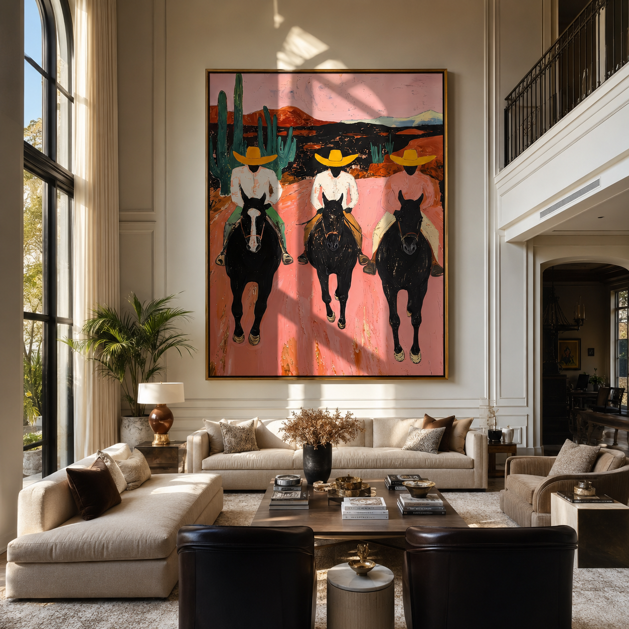 Three Cowgirls Cross Dawn displayed in a layered residential setting