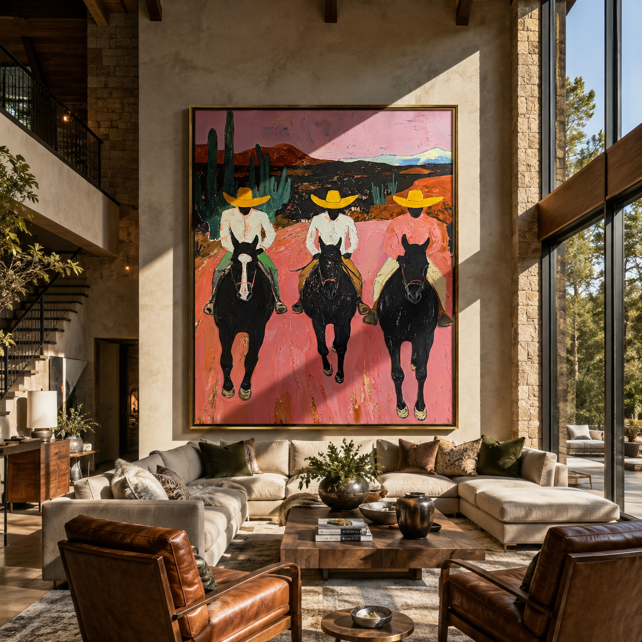 Three Cowgirls Cross Dawn styled with wood, linen, and modern decor
