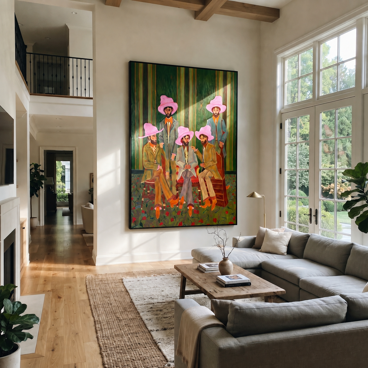 Pink Hats at Dawn displayed in a collected contemporary interior