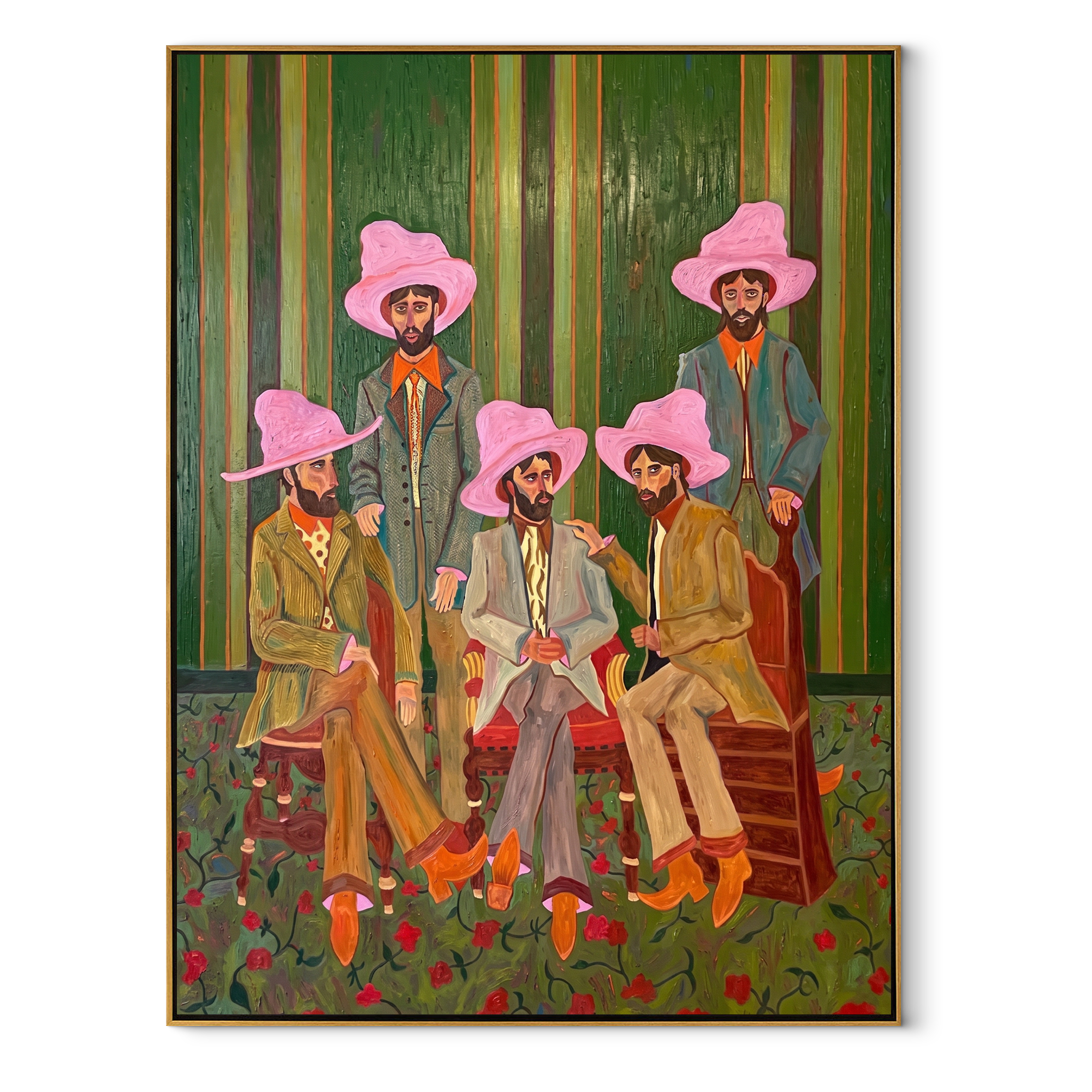 Pink Hats at Dawn Western figurative painting, vertical canvas artwork