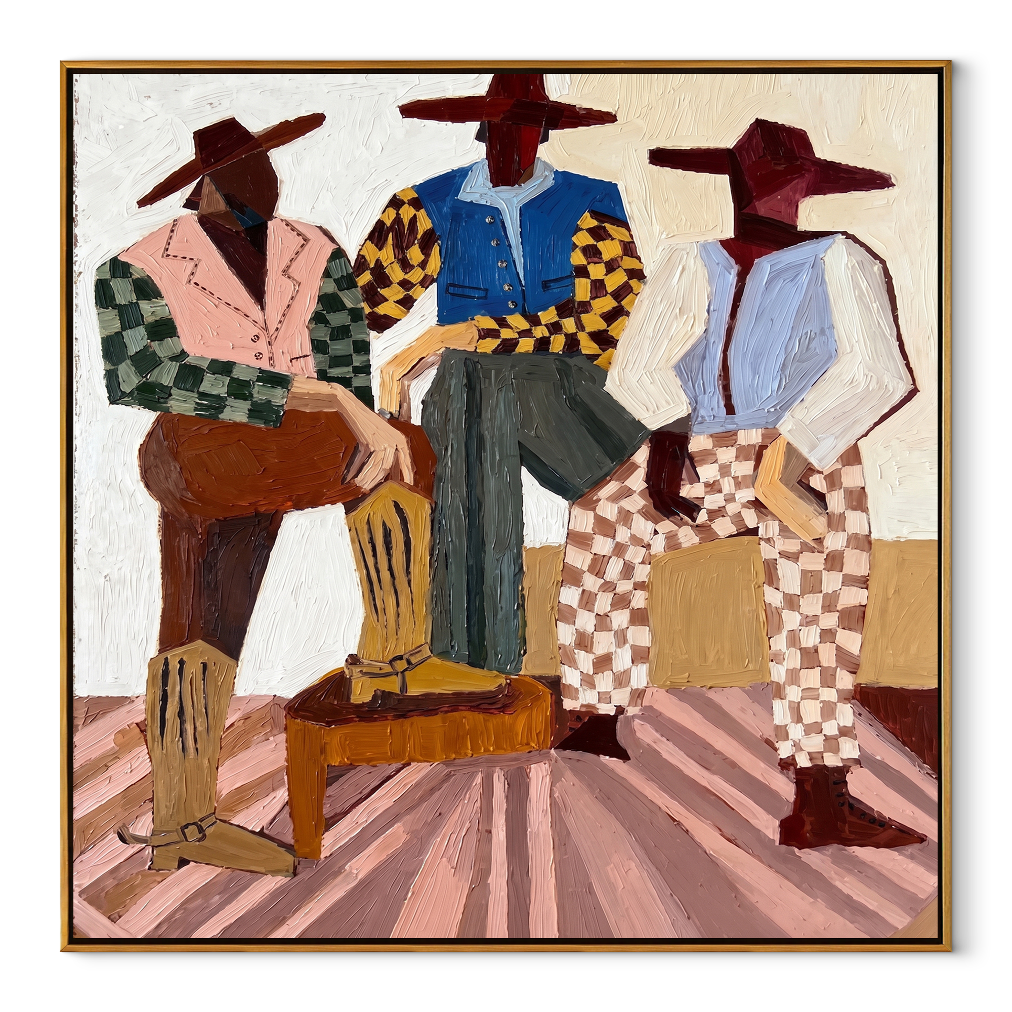 Checkered Riders Take Floor Western figurative painting, square canvas artwork