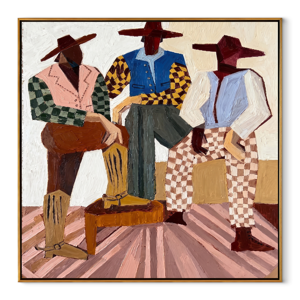 Checkered Riders Take Floor – Three Colorful Cowboys Painting | Modern Folk Art Square Wall Art