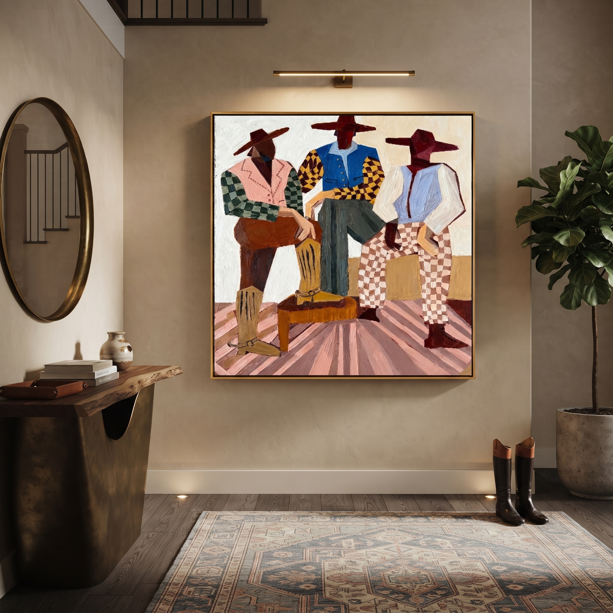 Checkered Riders Take Floor presented as a colorful interior focal point