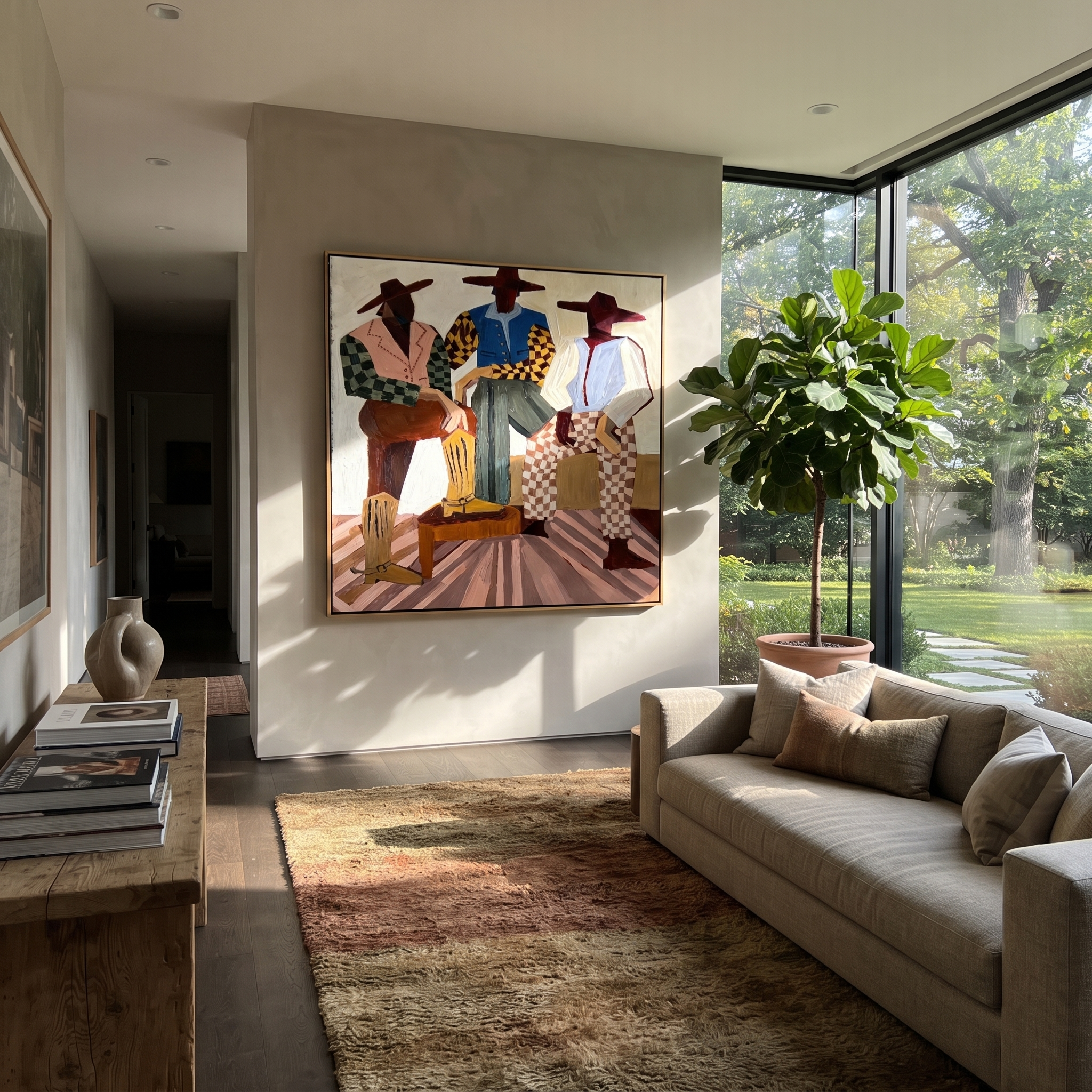 Checkered Riders Take Floor displayed in a layered residential setting