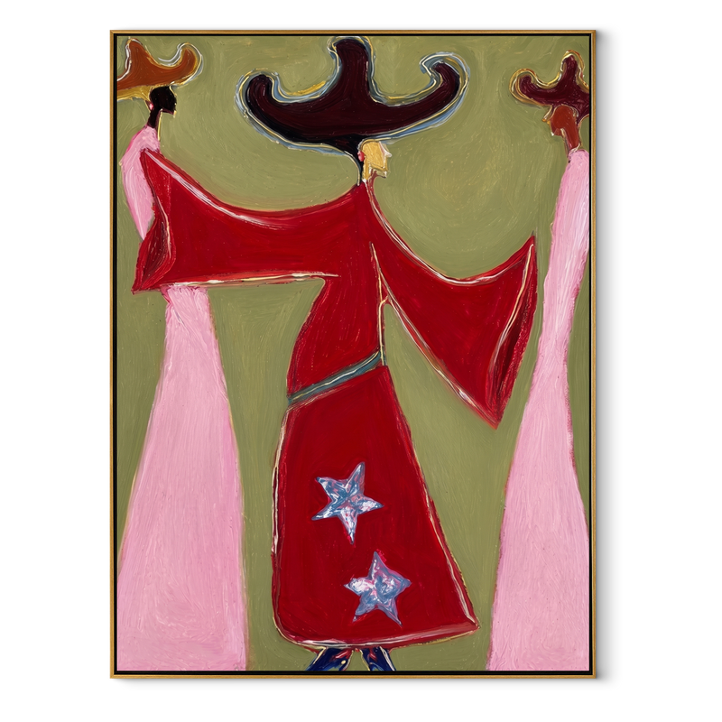 Red Coats Turn Wind – Three Cowgirl Fashion Figures Painting | Modern Folk Art Vertical Wall Art