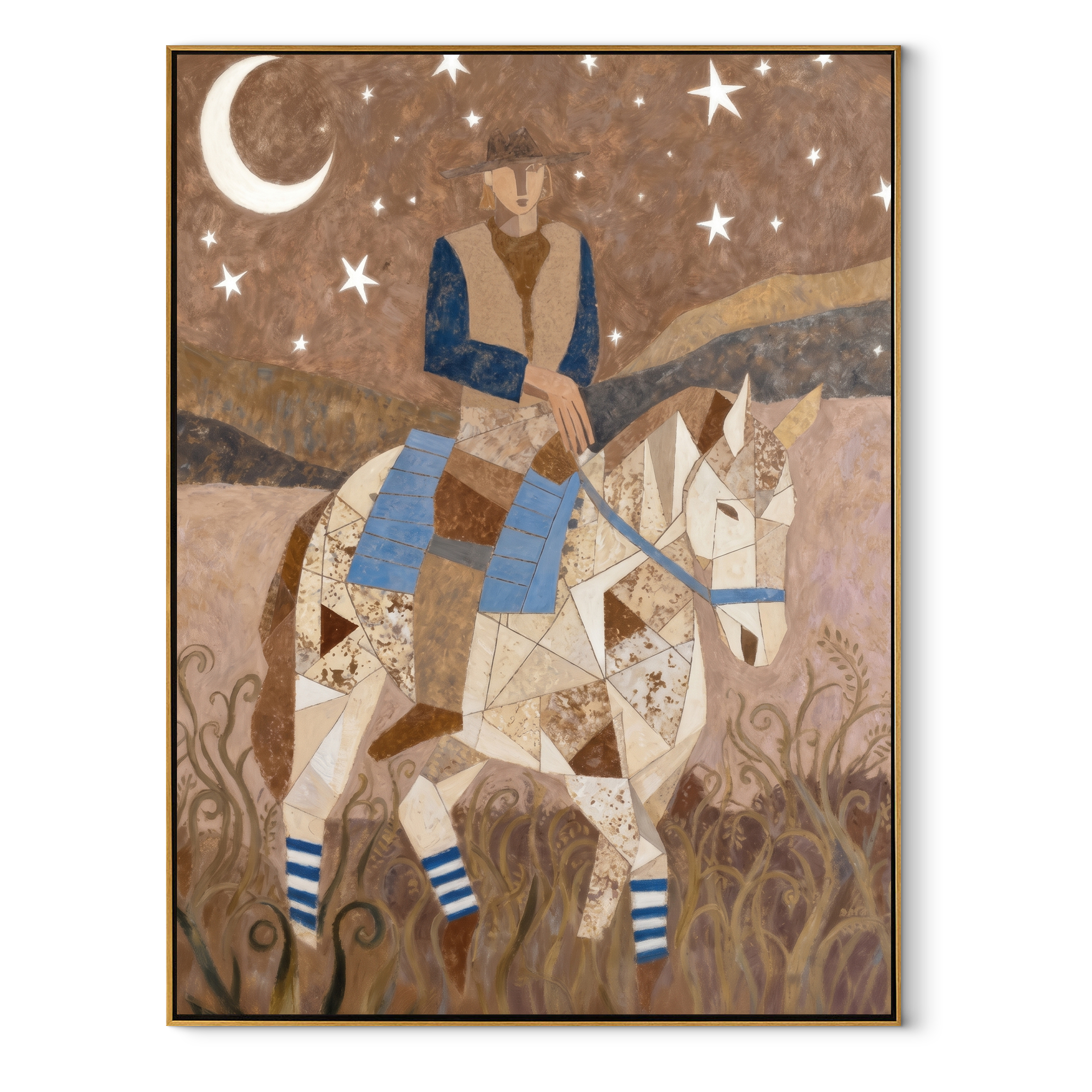 Moon Rider Crosses Silence Western figurative painting, vertical canvas artwork