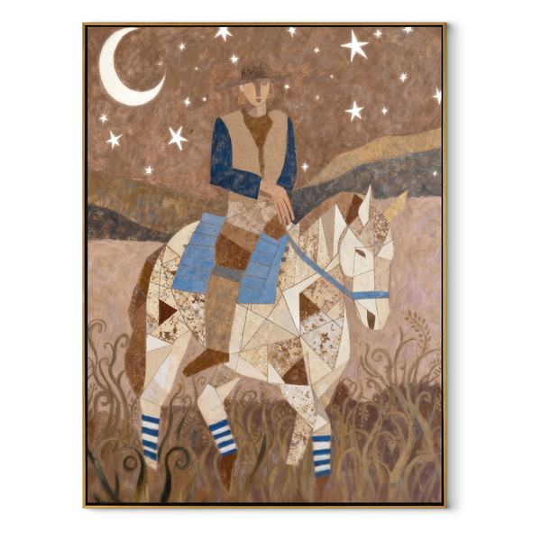 Moon Rider Crosses Silence – Geometric Cowboy Horse Painting | Modern Folk Art Vertical Wall Art