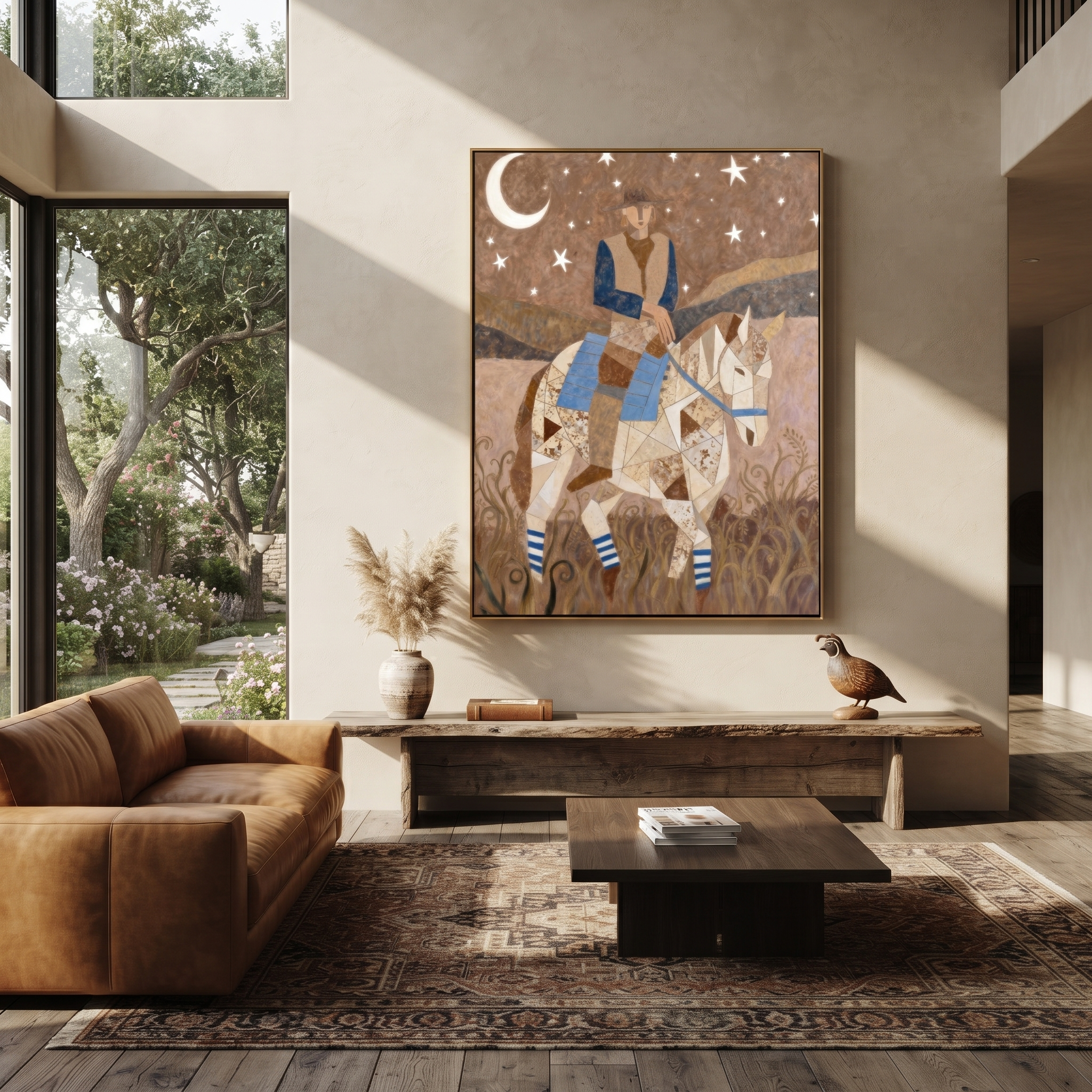 Moon Rider Crosses Silence styled with warm modern furnishings