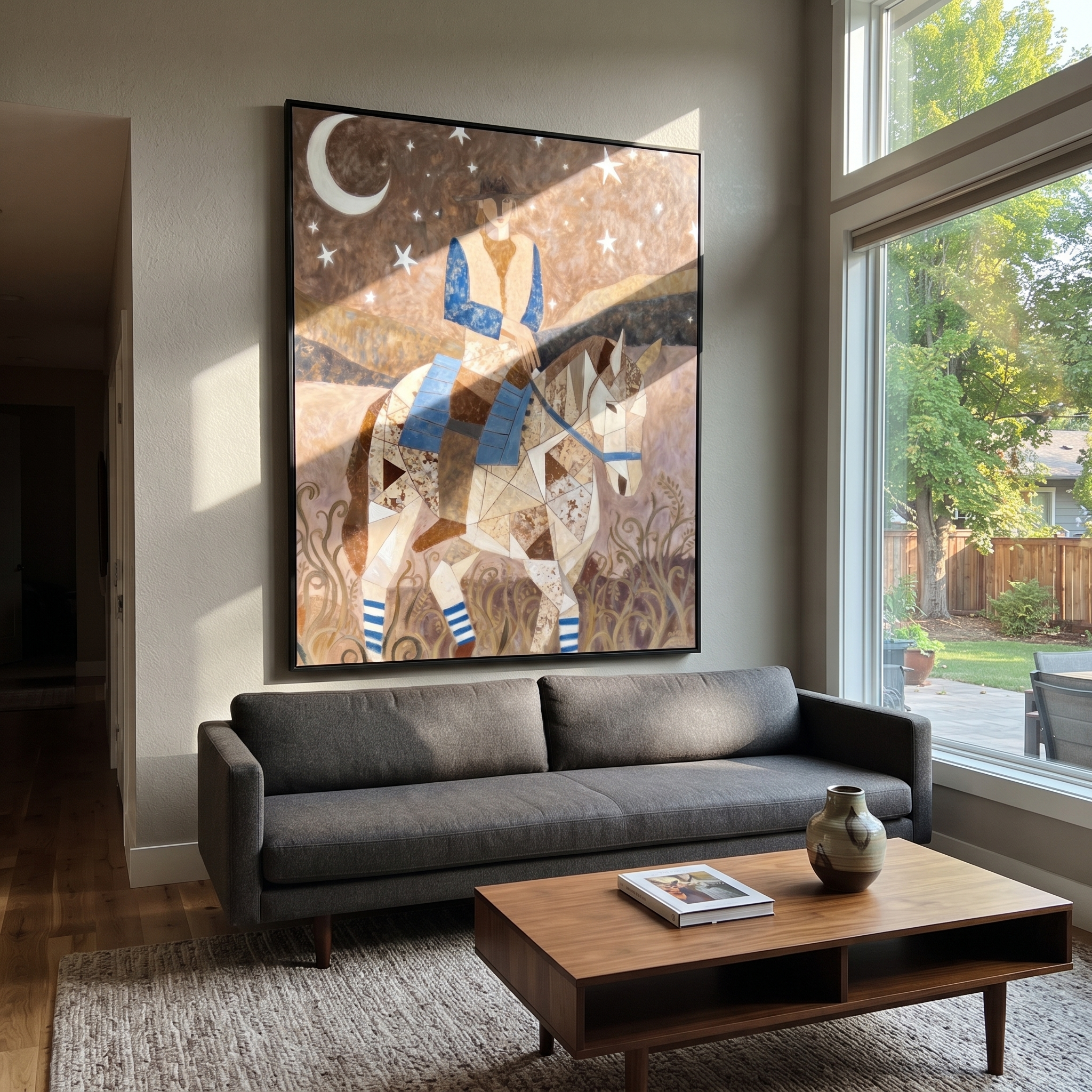 Moon Rider Crosses Silence styled with wood, linen, and modern decor