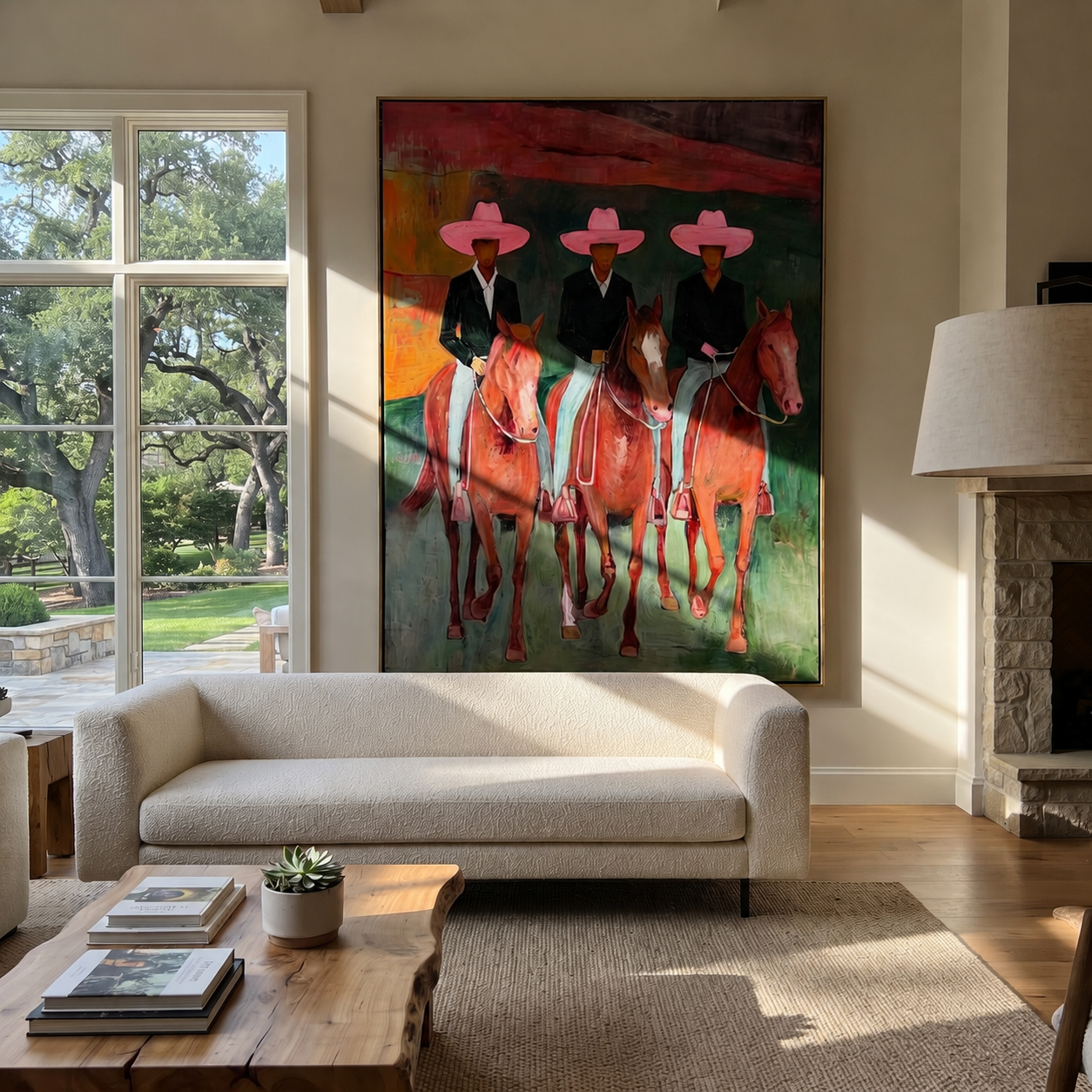 Pink Hats Ride Together displayed in a collected contemporary interior
