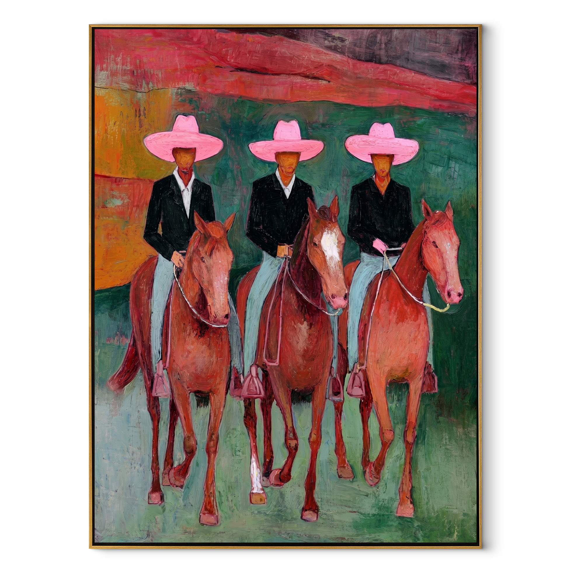 Pink Hats Ride Together Western figurative painting, vertical canvas artwork