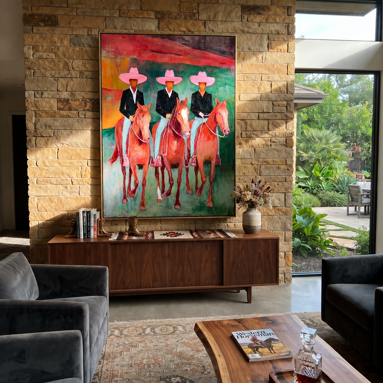 Pink Hats Ride Together styled with warm modern furnishings