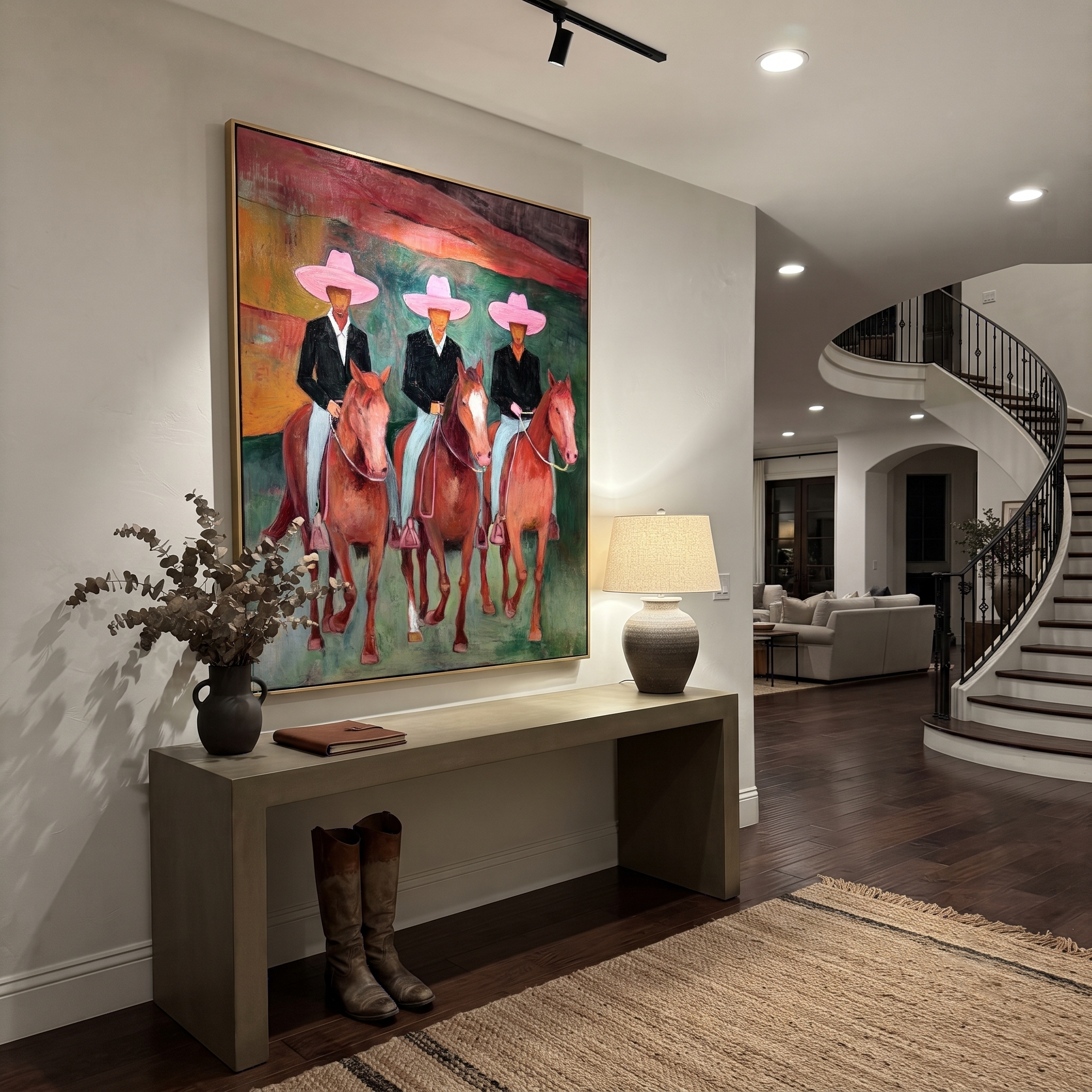 Pink Hats Ride Together styled with wood, linen, and modern decor