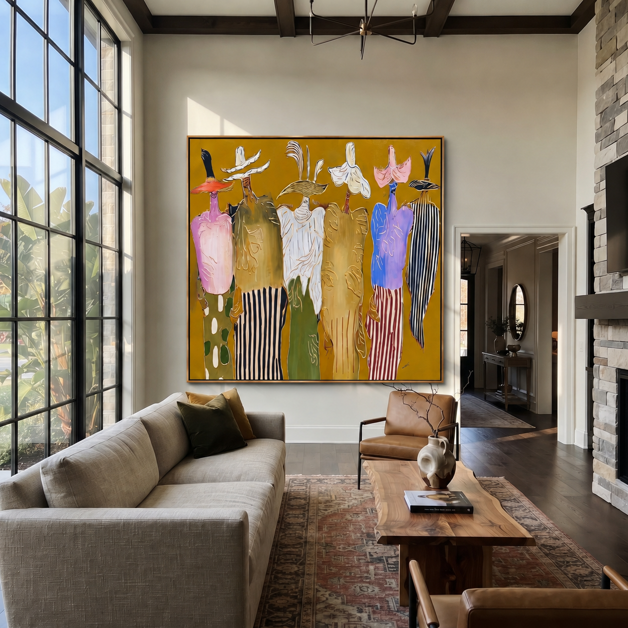 Feathered Hats Form Chorus displayed in a collected contemporary interior